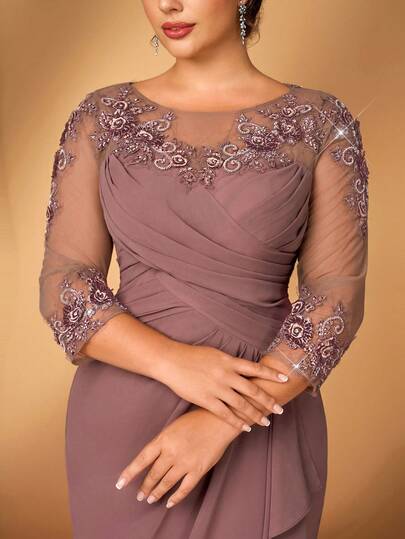 Serin Plusstorlek damklänning i grårosa chiffongtyg med rund hals, transparent långärmad, rynkad paljett-applikationer och sjöjungfrufåll, lämplig för brudens/brudgummens mor, bröllop, formella evenemang, fester