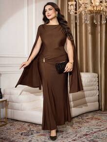 Modelyn Plus Size Women Solid Color Boat Neck Ruched Metal Decor Elegant Dress Chocolate Brown Dress Dress With Cape Long Brown Dress Brown Elegant Dress Women Brown Sexy Dress - Rust Brown - View 4