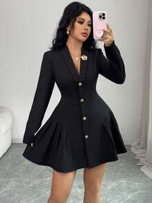 Rafferiza 女士翻领长袖金属花卉单排扣优雅连衣裙 - 黑色 - 查看 7