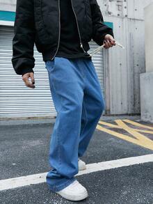 Manfinity Hypemode 加大码男士宽松休闲美式弹力腰带牛仔裤，带口袋 - 藍色 - 查看 5