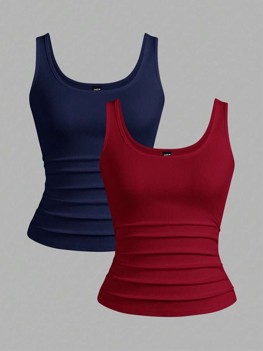 Slaydiva 3pcs/Pack Black + White Casual Basic Racerback Sleeveless Deep V-Neck Ribbed Tank Tops For Women - Multicolor - View 1