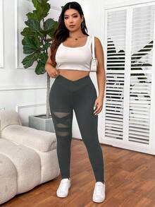 SHEIN PETITE CURVE 大码女式纯色基础日常打底裤 - 灰色 - 查看 5