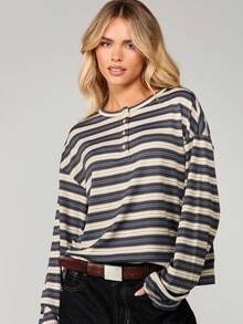MISSGUIDED Striped Long Sleeve Button Front Top With Crew Neck For Casual Everyday Wear - Multicolor - View 5