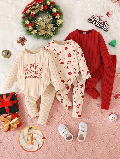 SHEIN 6pcs Christmas Baby Girls Red Outfit, Letter & Cartoon Print Top With Curved Hem + Printed Solid Color Pants, Cute Casual Versatile Set For Autumn