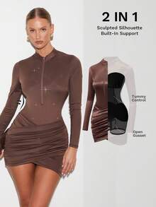 Nuvra 女式长袖紧身双层塑身连衣裙，带衬里，收腰，提臀，迷你瘦身连衣裙 - 棕色 - 查看 4