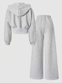 Sparklyn 2pcs/Set Teenage Girls' Floral Gray Hooded Zip-Up Cardigan With Loose Dropped Shoulder And Ribbed Waist, Paired With Matching Loose Fit Relaxed Pants, Casual Sports College Style Outfit, Suitable For Outdoor, Indoor, Sports, Party, School, Spring/Autumn/Winter - Grey - View 2