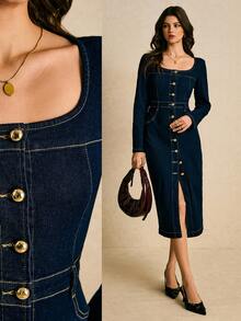 Poéselle Women's Fashion Front Button Denim Dress, Suitable For Commuting Denim Midi Dress Jean Dresses For Women Long Sleeve Denim Dress Casual Midi Dress Fitted Waist Long Dress, Long Sleeves, Dark Blue, Elegant, Perfect For Parties, Dates, Everyday Outings, New Year's Day, Christmas.
