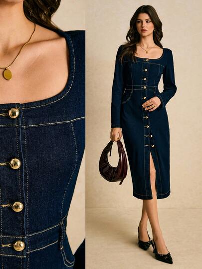 Poéselle Women's Fashion Front Button Denim Dress, Suitable For Commuting Denim Midi Dress Jean Dresses For Women Long Sleeve Denim Dress Casual Midi Dress Fitted Waist Long Dress, Long Sleeves, Dark Blue, Elegant, Perfect For Parties, Dates, Everyday Outings, New Year's Day, Christmas.
