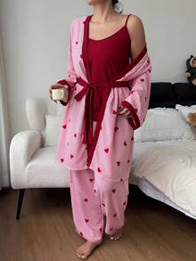SHEIN Conjunto de camiseta de tirantes con estampado de corazones a rayas y arrugas, pantalones y bata con cinturón, talla grande, otoño e invierno - Rosa - Ver 6
