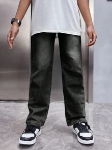 SHEIN Tween Boy Casual Washed Straight Leg Jeans - Black - View 5