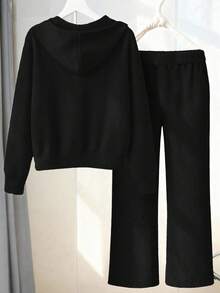 GlowEve CURVE 大码女装热销纯色长袖罗纹抓绒连帽拉链开衫+宽松罗纹抓绒抽绳腰裤，休闲外向优雅风格，胸前刺绣，两件套 - 黑色 - 查看 2