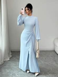 SHEIN Elenzya 女士优雅派对礼服，蓝色，串珠设计，秋冬款 - 淺藍色 - 查看 6