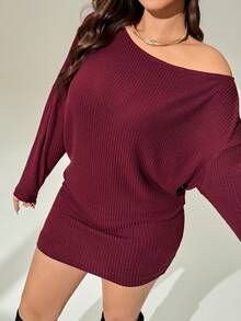 Auralis Women's Plus-Size Elegant Off-Shoulder Long-Sleeved Short Dress,Burgundy,Autumn,Smart Casual,Night Out Club Curve Outfits For Christmas & New Year - Red - View 6