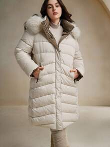 Anewsta Jaket Musim Dingin Wanita Ukuran Besar Panjang, Dapat Dibalik, Tebal, Kerah Bulu yang Dapat Dilepas, Berkerudung, dan Berresleting - Krem - View 5