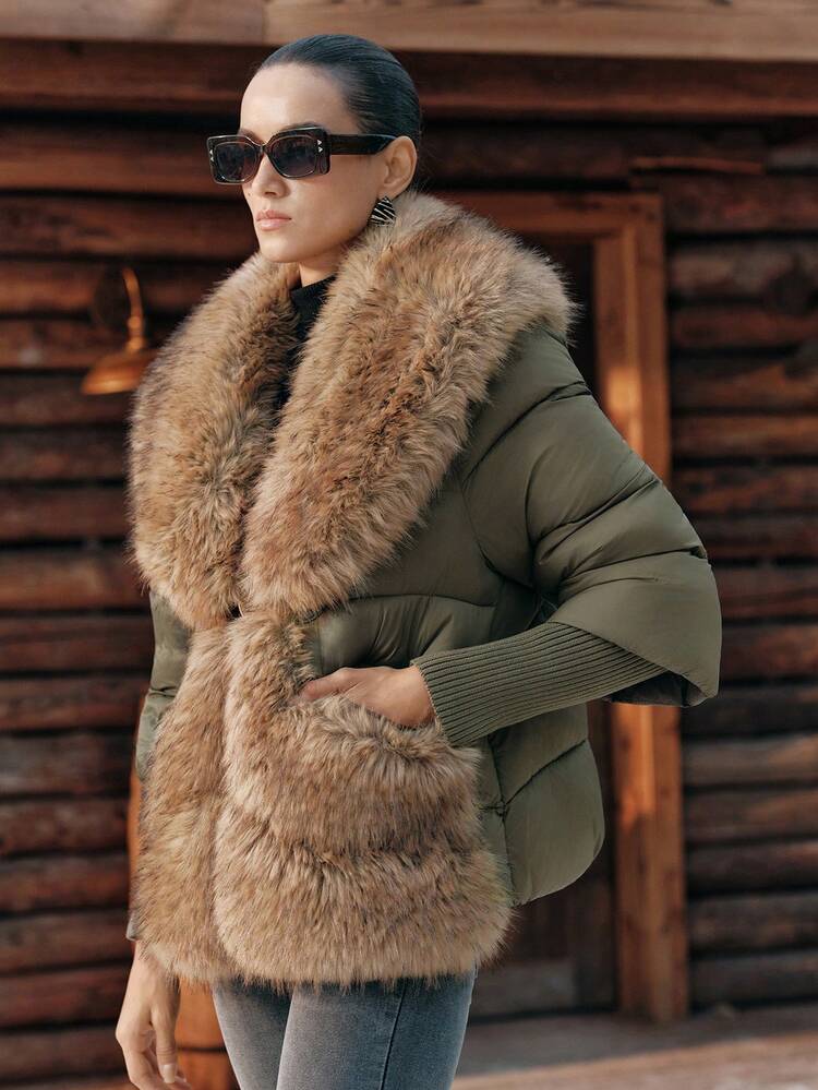 Chaqueta gruesa con mangas farol y cuello de piel sintética de lujo para mujer, versátil para otoño, invierno, salir, elegante, formal, fiesta, chic, Año Nuevo, Navidad, graduación, boda