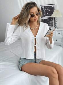 Pariaura （100% 棉）纯色系带落肩衬衫，假日纯色梭织宽松常规女式衬衫，喇叭袖 - 白色 - 查看 4