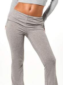 SUMWON WOMEN Side Ruched Flare Lounge Pants Ribbed Knit Comfortable Casual Bottoms High Waisted Wide Leg Trousers - Grey - View 4