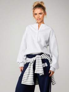 MISSGUIDED Sudadera holgada de mujer con detalle de cartera con botones, cuello redondo, manga larga, parte superior informal