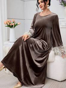 Al Najma 棕色刺绣网纱拼接长款开衫 - 棕色 - 查看 4