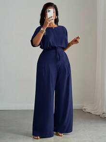 Slaydiva Women Plus Size 2 Pieces Set Navy Blue Summer Casual Work Elegant Drawstring Hem Cropped Top And Wide Leg Pocket Pants,Commute Party Club Outdoor - Navy Blue - View 10