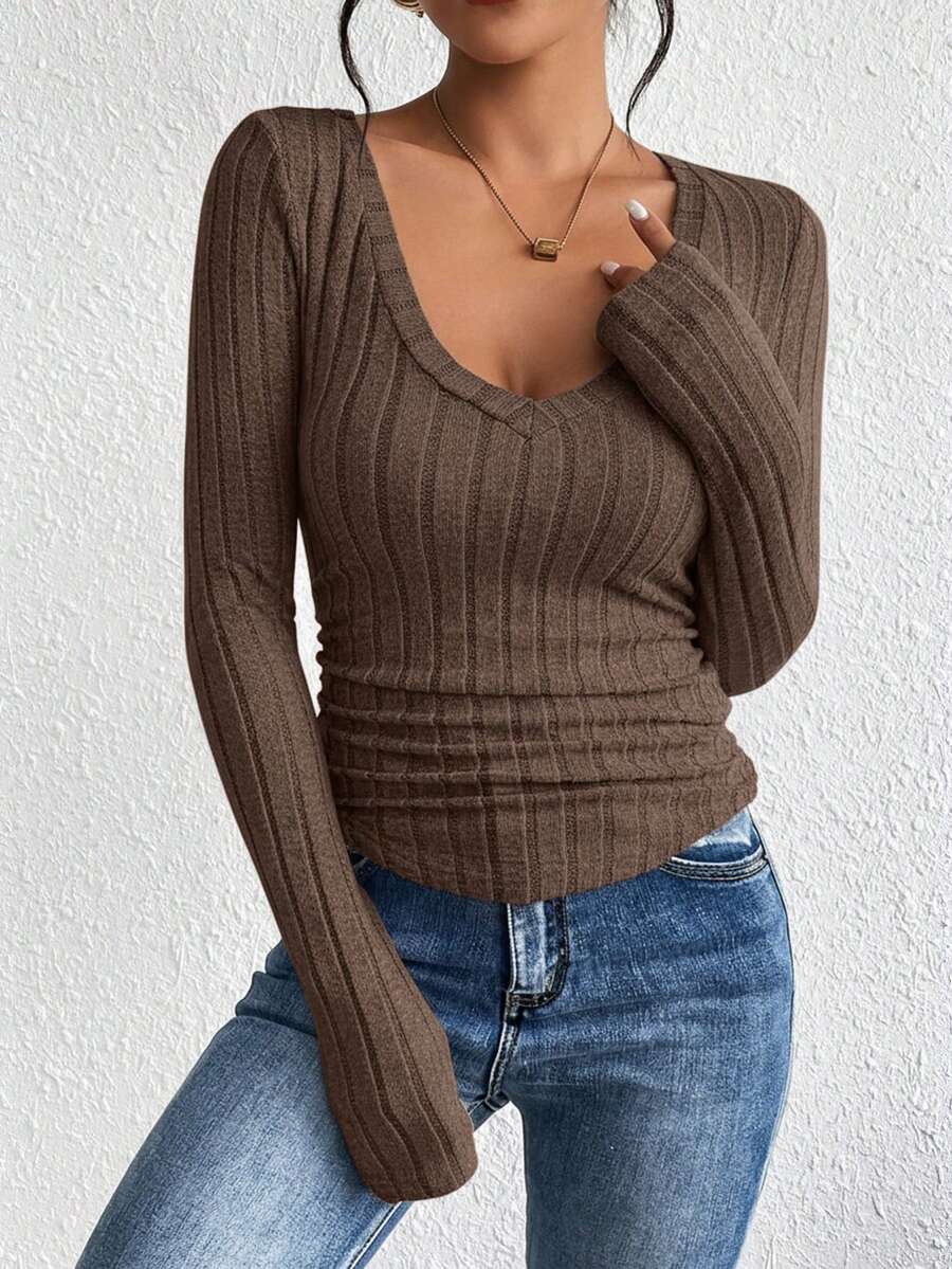 SHEIN Frenchy 女士罗纹V领粒面面料基础款长袖T恤 - 咖啡棕 - 查看 1