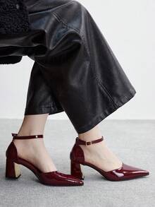 Tacones altos de mujer versátiles para la oficina y el día a día, de punta afilada, tacón grueso, color burdeos, con diseño sexy - Burdeos - Ver 5