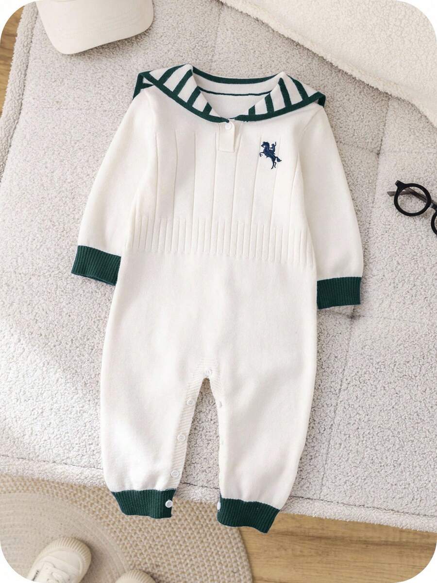 SHEIN Unisex Baby Cute Navy Striped Long Sleeve Sweater Romper, Autumn/Winter Baby Clothes - Dark Green - View 1