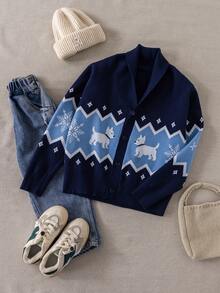 PrepCrw 1pc Tween Boys Elegant School Style Navy Blue Knit Collar Jacket,Cute Urban Dog Graphic Cardigan Sweater For Kids,Autumn Back-To-School Knitwear - Navy Blue - View 8