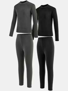 SHEIN 两件套男童休闲纯色圆领长袖上衣和裤子内搭套装，波西米亚哥特风 Y2K 街头风锐舞度假假日派对节日秋冬复古休闲舒适装