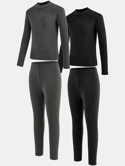 SHEIN 2pcs/Set Tween Boy Casual Solid Color Crew Neck Long Sleeve Top & Pants Undershirt Outfit, Boho Goth Y2k Streetwear Rave Vacation Holiday Party Festival Fall Winter Clothes Retro Vintage Casual Cozy