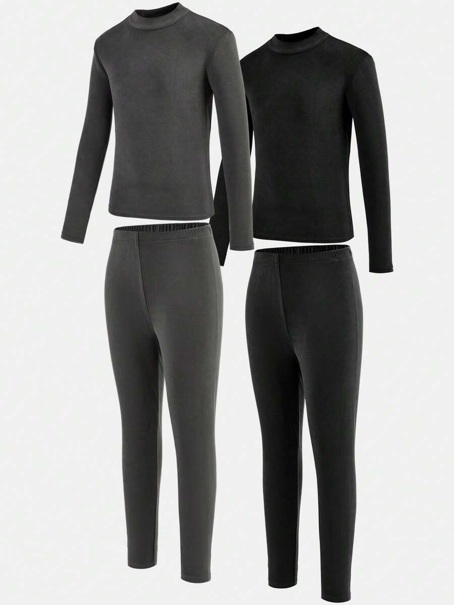 SHEIN 两件套男童休闲纯色圆领长袖上衣和裤子内搭套装，波西米亚哥特风 Y2K 街头风锐舞度假假日派对节日秋冬复古休闲舒适装