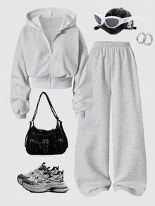 Sparklyn 2pcs/Set Teenage Girls' Floral Gray Hooded Zip-Up Cardigan With Loose Dropped Shoulder And Ribbed Waist, Paired With Matching Loose Fit Relaxed Pants, Casual Sports College Style Outfit, Suitable For Outdoor, Indoor, Sports, Party, School, Spring/Autumn/Winter - Grey - View 1