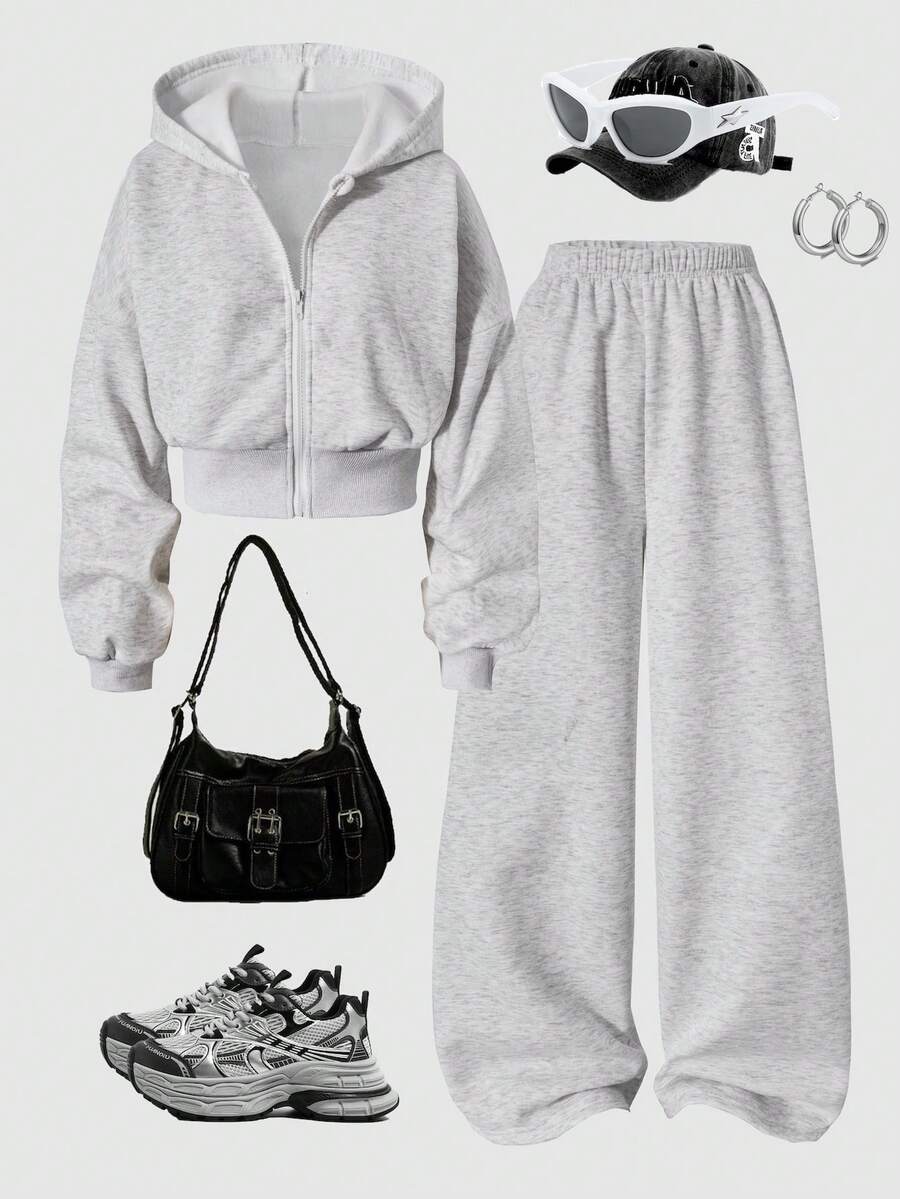 Sparklyn 2pcs/Set Teenage Girls' Floral Gray Hooded Zip-Up Cardigan With Loose Dropped Shoulder And Ribbed Waist, Paired With Matching Loose Fit Relaxed Pants, Casual Sports College Style Outfit, Suitable For Outdoor, Indoor, Sports, Party, School, Spring/Autumn/Winter - Grey - View 1