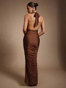 Hauture Women's Olive Green Satin Summer Night Out Front Cross Halter Long Dress - Brown - View 4