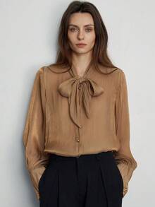 Zanirela Khaki Satin Kragen Krawatte Langarm Hemd, zart & sanft, geeignet für den täglichen Gebrauch, Arbeit und Zusammenkünfte - Khaki - Übersicht 3
