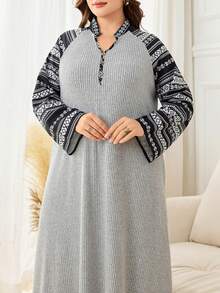 Lacomfia 大码女式休闲宽松针织连衣裙，印花图案，秋冬款 - 灰色 - 查看 4