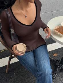 Sunnyshic 性感修身时尚女式V领长袖毛衣 - 彩色 - 查看 5