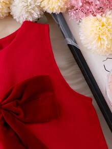 SHEIN Young Girl' Cute Red Bow Decor Comfortable & Stylish Sleeveless Dress, Autumn/Winter - Red - View 5