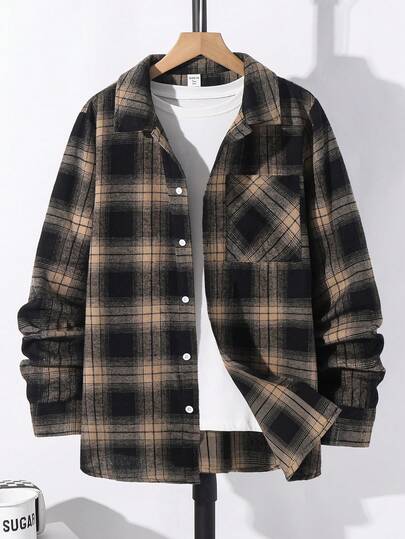 SHEIN Chemise à manches longues pour adolescents, col à carreaux avec poche, polyvalente pour l'automne, l'hiver, l'école, la maison, le port quotidien, les sports, les fêtes d'anniversaire, les sorties, tout-aller et minimaliste