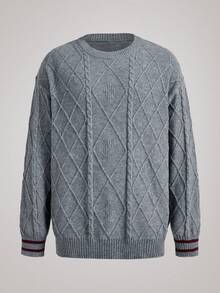 Officeau 男士休闲宽松套头毛衣，纹理扭绳设计，百搭圆领长袖，秋冬款，复古风格 - 灰色 - 查看 1