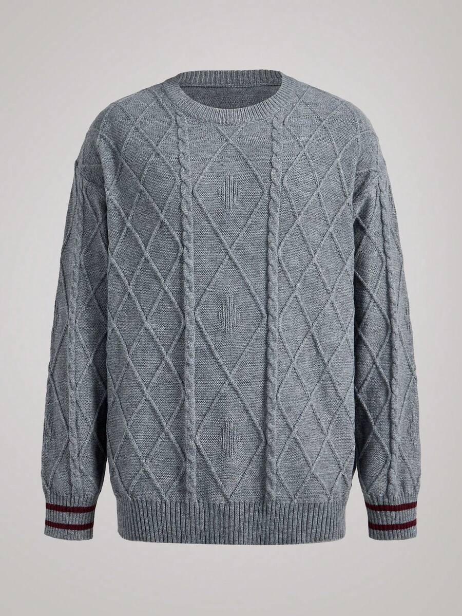 Officeau 男士休闲宽松套头毛衣，纹理扭绳设计，百搭圆领长袖，秋冬款，复古风格 - 灰色 - 查看 1