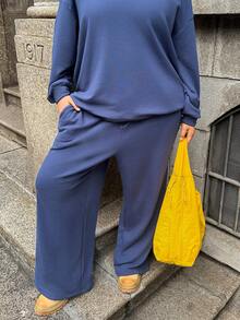 Muchica 2pcs Plus Size Women Solid Color Drop Shoulder Long Sleeve Sweatshirt And Pants Set, Thermal Lined, Autumn/Winter - Blue - View 6