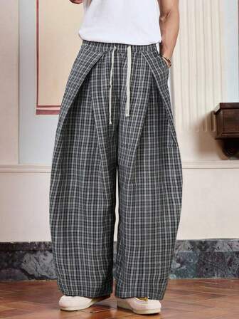 Pantaloni casual in tessuto a quadri americani a gamba ampia per uomo, adatti per primavera e autunno