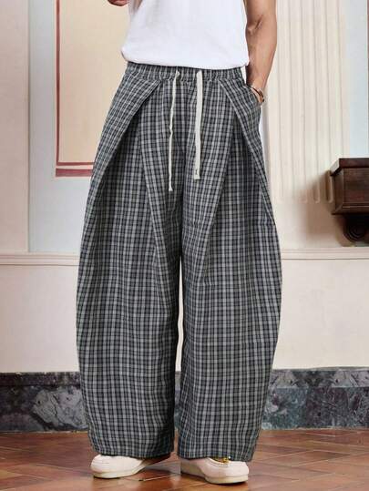 Men's Casual American Plaid Wide Leg Woven Pants, Spring & Autumn