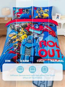 Transformers X SHEIN 3pcs Cartoon Car Print Quilt Cover Set, Sanded Material, Soft And Warm, Blue Quilt Cover, Multiple Sizes, Suitable For Single Bed/Double Bed/Queen Bed/King Bed,Gift Ideas - 彩色 - 查看 12