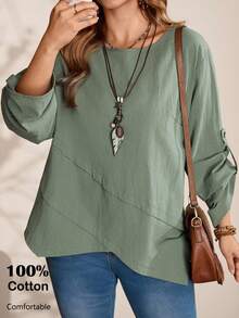 EMERY ROSE Áo blouse xanh lá cây trơn cổ tròn tay dài dáng rộng cỡ lớn cho nữ mặc vào mùa thu/đông, thường ngày khi đi nghỉ, đi chơi, mẫu mới 2025, đơn giản và thời trang để mặc hàng ngày, mùa đông, giáng sinh, năm mới, mùa đông, lễ tạ ơn, thoải mái và thoáng khí - màu xanh lá - Xem 6