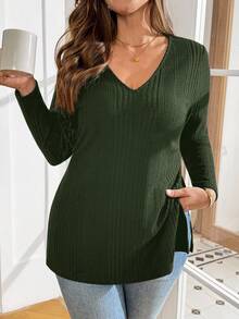 SHEIN Essnce Plus Size Women's Spring And Autumn Fashion Casual High Elastic Comfortable Daily Slim Brushed V-Neck Long-Sleeved Green Top,Fall,Simple Style,Going Out Tops,Christmas - Army Green - View 5