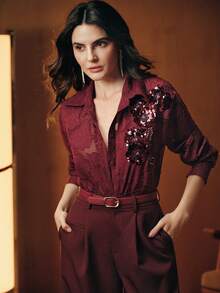 Anewsta 纯色3D立体花卉提花串珠刺绣落肩长袖衬衫，适合秋季、冬季、春季、新年、派对、婚礼、时尚、优雅场合、工作、感恩节、毕业典礼、圣诞节、节日等。 - 酒紅色 - 查看 6