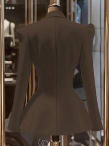 Franclia Áo khoác blazer nữ cổ bẻ tay bồng màu trơn cài hai hàng khuy thanh lịch - màu nâu - Xem 2