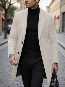 Manfinity Mode 男士纯色翻领单排扣休闲大衣，秋冬男士长款大衣，米色/奶油色/米色/欧式休闲风 - 杏色 - 查看 3